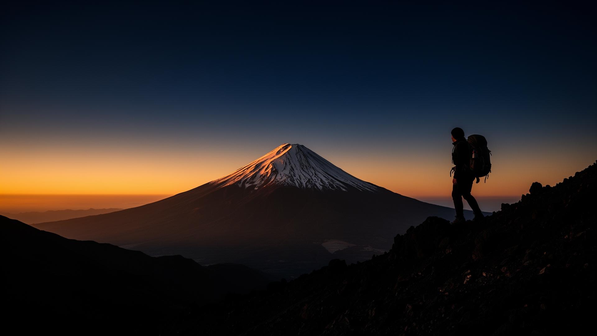 Volcán al atardecer con un aventurero en la cumbre